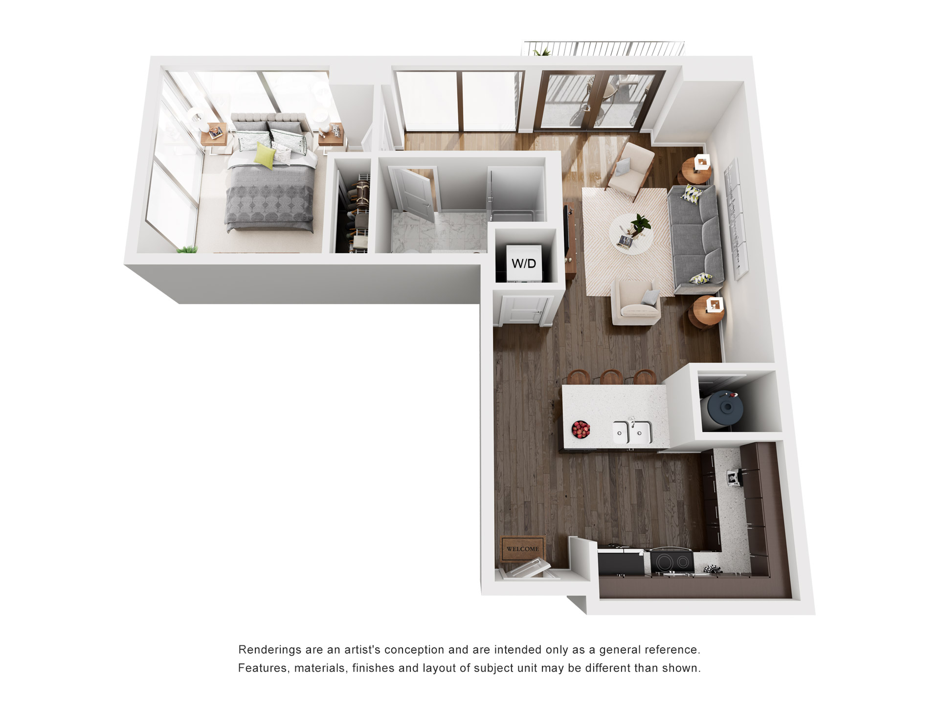 Floor plan for 1 bed, 1 bath, 725 sqft